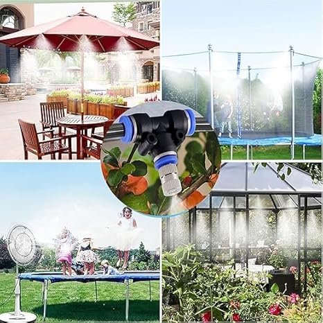 10 Fogger with T – 10M Misting System for Outdoor Cooling, Includes Tee Connectors, Brass Nozzles & Hose for Garden, Patio, Greenhouse thumbnail