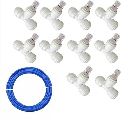 10 Fogger with T – 10M Misting System for Outdoor Cooling, Includes Tee Connectors, Brass Nozzles & Hose for Garden, Patio, Greenhouse