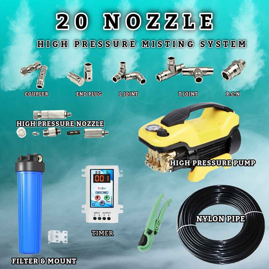 150 Ft Line | 20 Nozzle Power – 2000 sq ft High Pressure Ultra Cooling Misting Solution